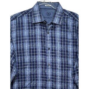 Bugatchi Mens Shaped Fit Blue Plaid Long Sleeve Button-Down Shirt Size 2XL